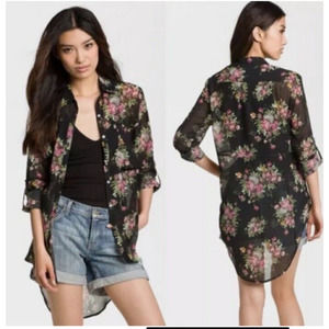 Women’s S Line & Dot Black Floral Semi Sheer Button Front Oversized Top C7